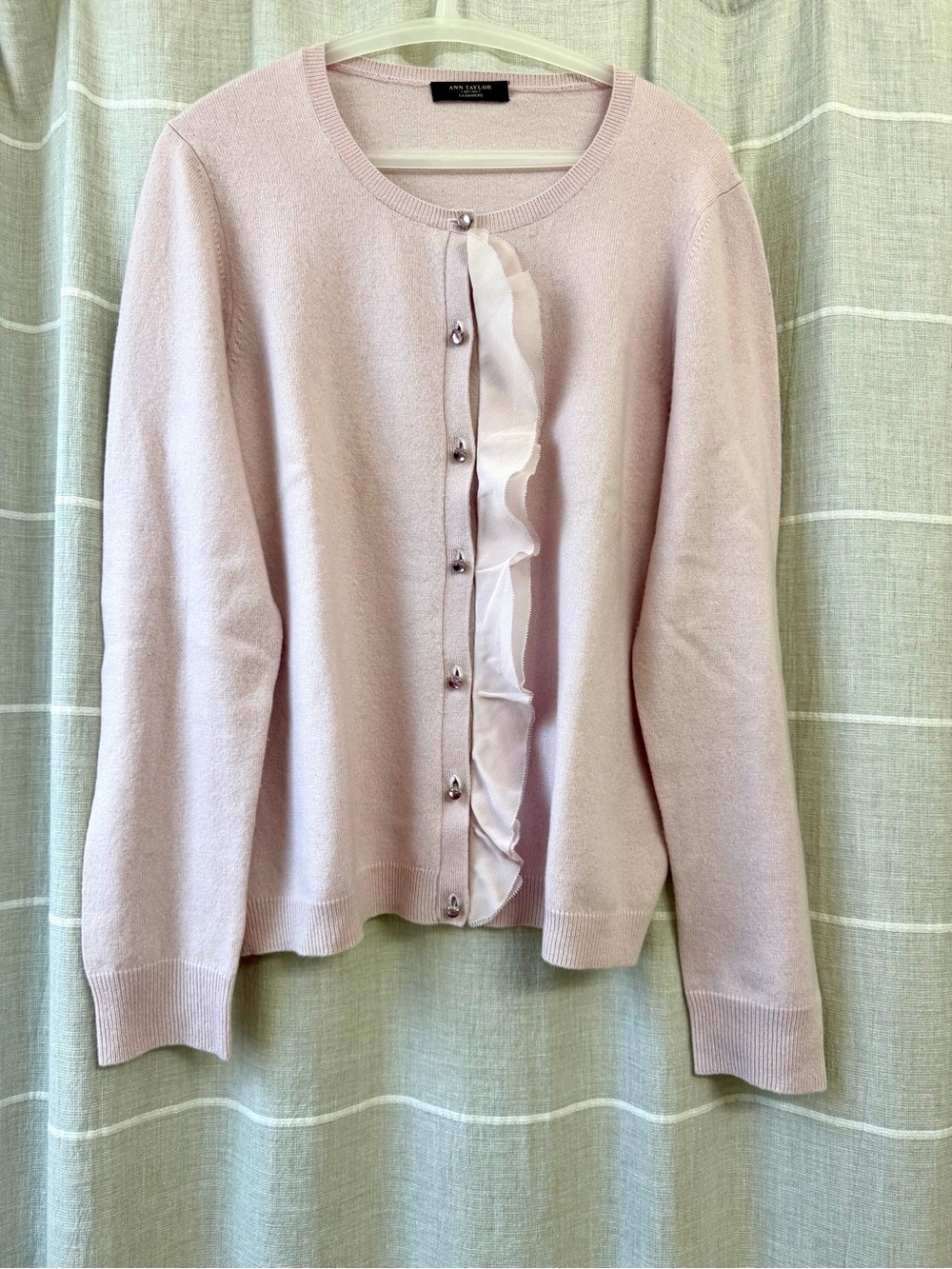 Ann Taylor Cashmere Cardigan Sweater Ruffle Placket Jewel Crystal Buttons